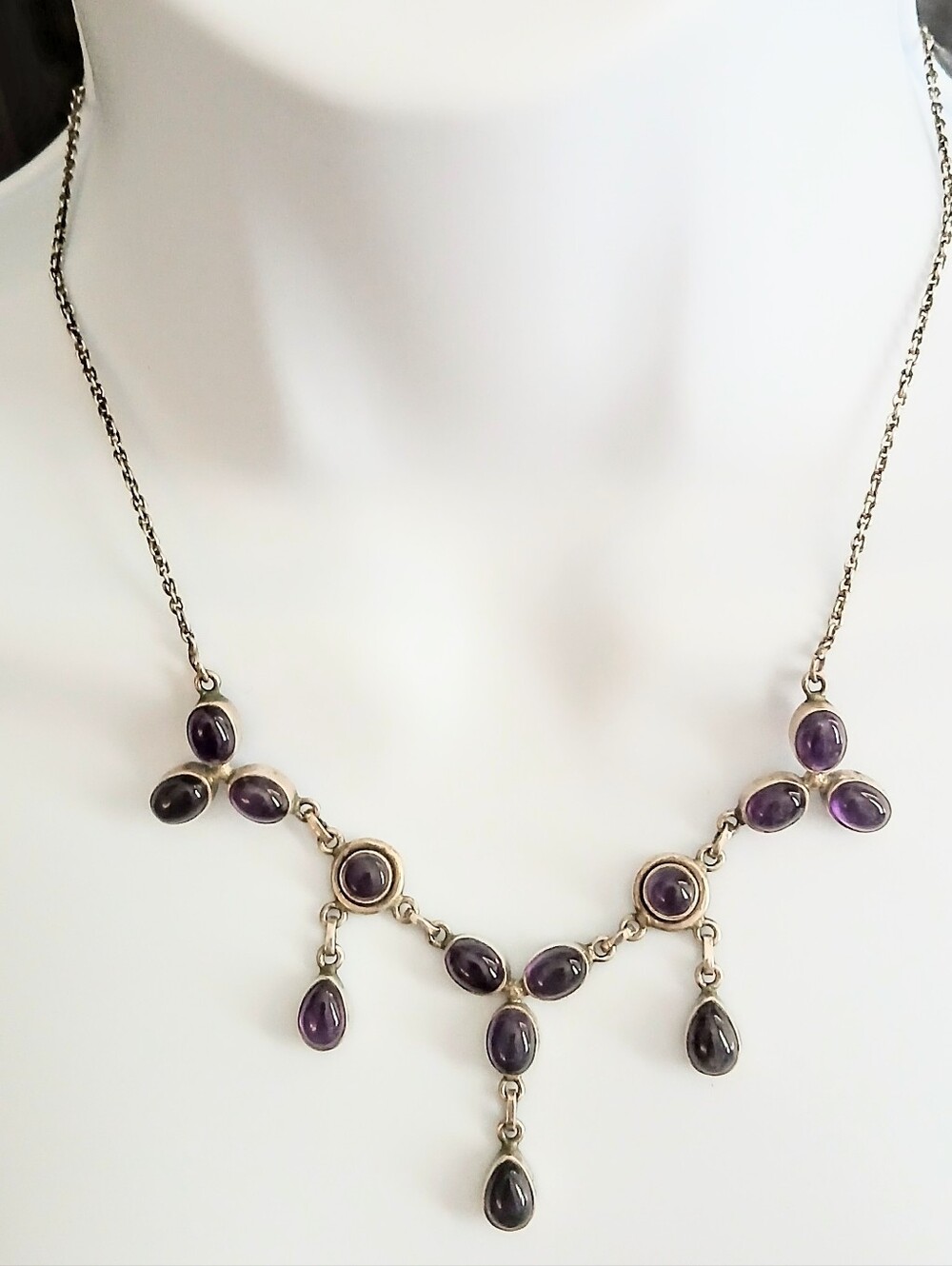 Vintage 1992 Sterling Silver Amethyst Cabochon Festoon Drop Necklace 18"